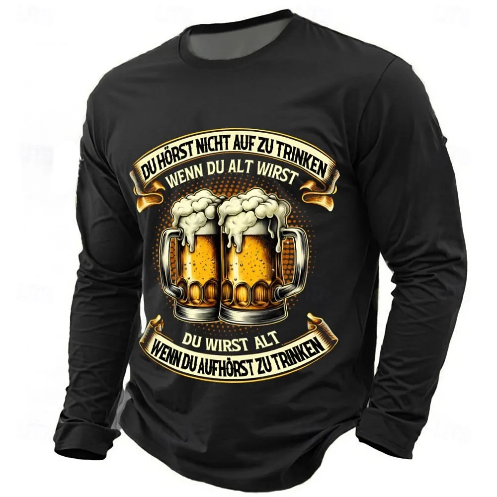 

3D Print Funny Beer Graphic Men's Long Sleeve T-Shirt Fashion Comfortable Round Neck Pullover Top Loose Breathable Male Clothing