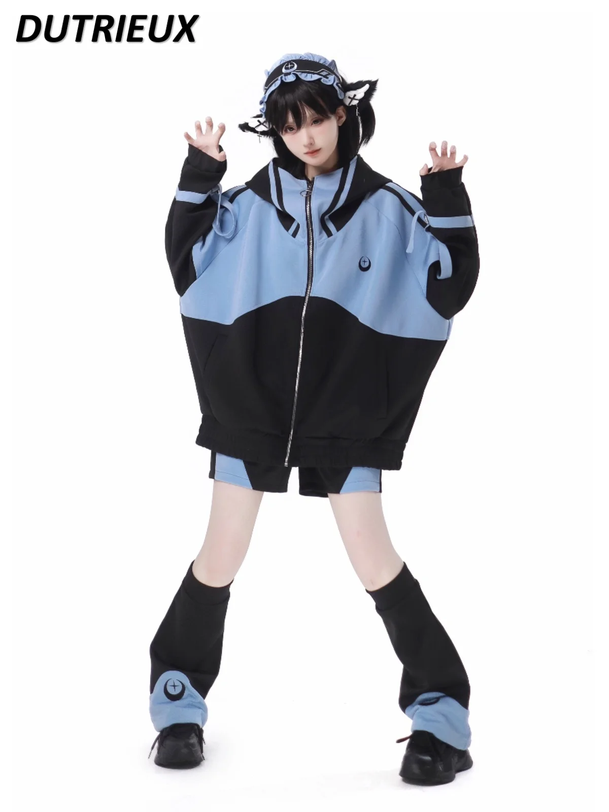 Japanese Blue Black Model Mine Mass-Produced Sports Jacket Long-Sleeved Loose Hooded Color Matching Sweatshirt and Pants