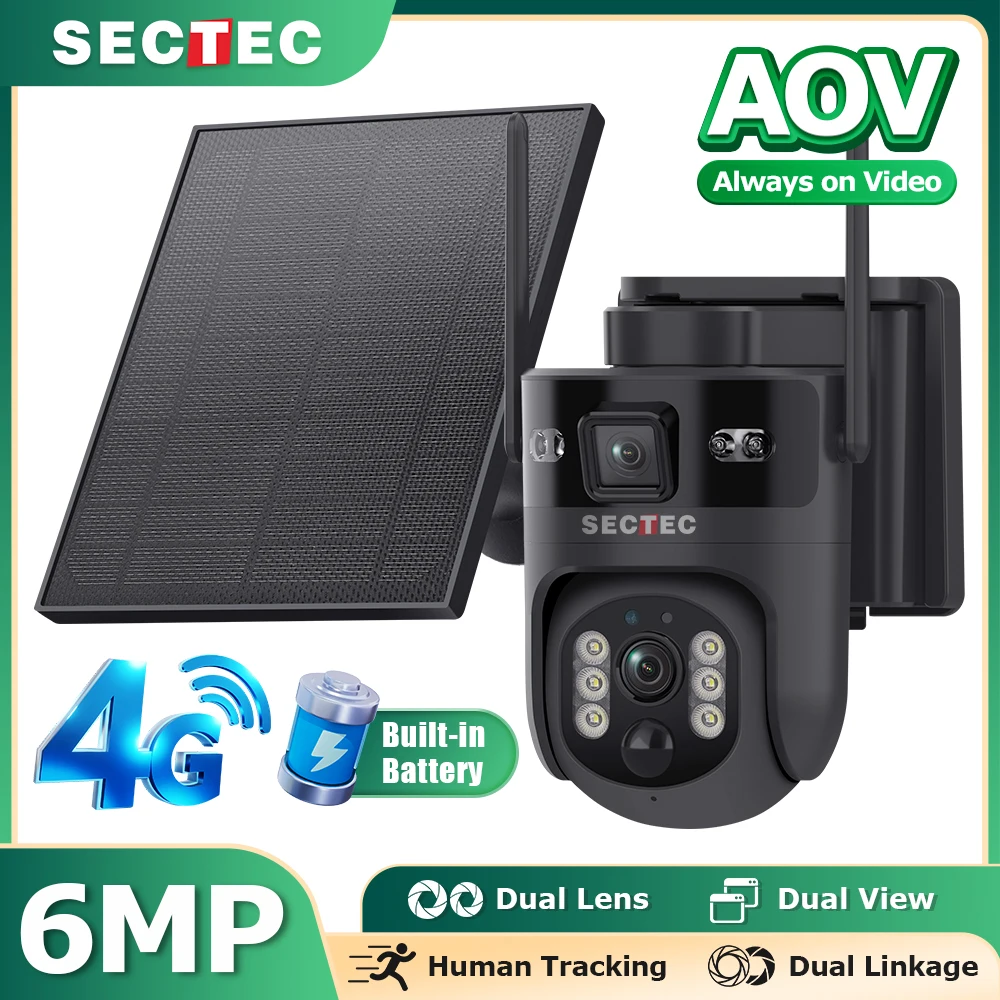 AOV 24/7 Recording 4G Solar Surveillance Camera SECTEC WiFi Outdoor Camera PIR Human Detection Dual Screen SD Slot IP66 Black
