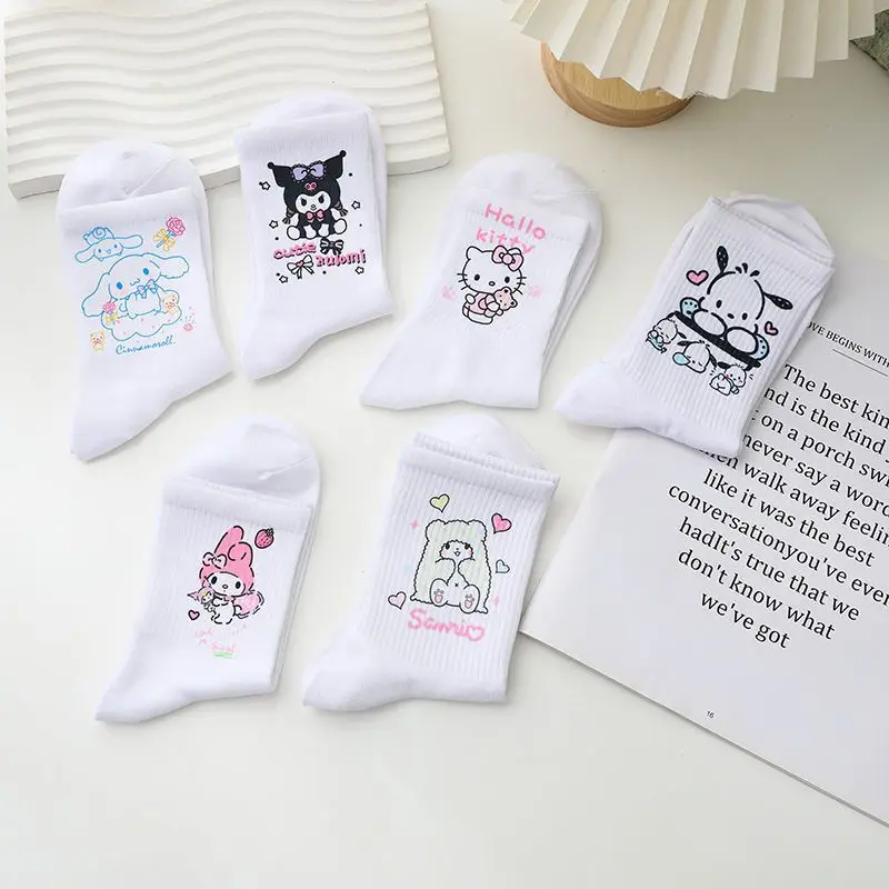 5Pcs Sanrio Women's Mid-Calf Socks Anime Hello Kitty Kuromi Ins Trendy White Socks Cute Cinnamoroll Pochacco Cartoon Cotton Sock