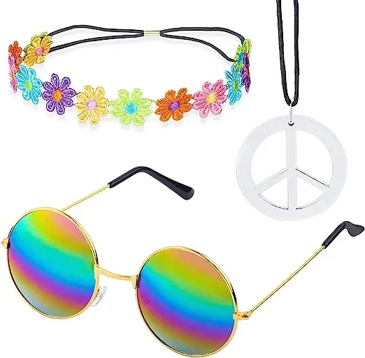 PESENAR Women Hippie Costume Set - 60\'s 70s Style Retro Vintage Glasses Peace Sign Necklace Sunflower Crown Hair Band