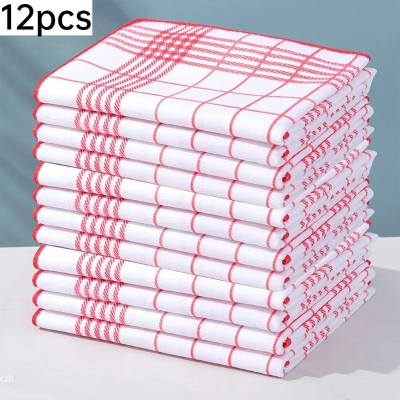 12 pcs. Simple polyester checkered table napkins, neatly hemmed, resistant to pilling, for use in cafes and home dining rooms.