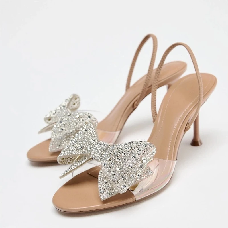 

Лето 2023, женские роскошные сандалии с блестящими стразами и бантом, прозрачные туфли из ПВХ с открытым носком для выпускного вечера, свадьбы, туфли на высоком каблуке для женщин