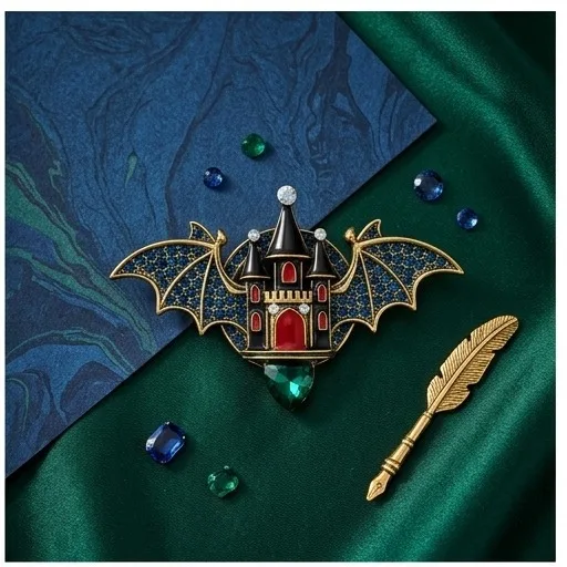 Gothic style bat castle brooch, women's drip oil inlaid diamond light luxury brooch, Halloween retro coat, suit accessories