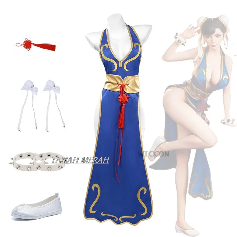 Fighter Chunli Chun Li Cosplay Dress Costume parrucca gioco SF RolePlay Street Kungfu Shoes Outfit Qipao Halloween Sexy Party Suit nuovo