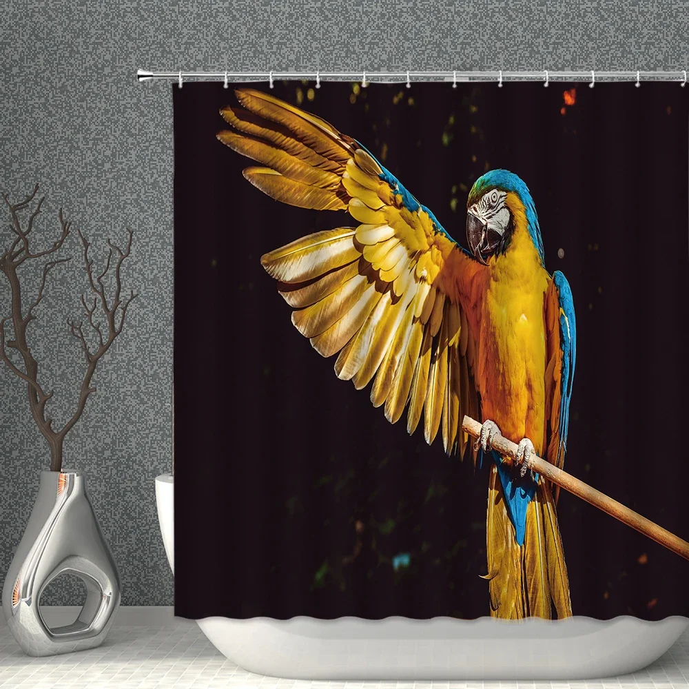 Parrots Shower Curtains Waterfall Plants Green Leaves Flowers Colorful Birds Bathroom Waterproof Fabric Bath Screens With Hooks