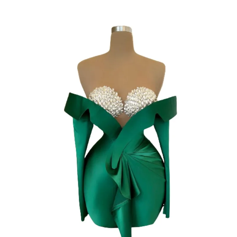 Impresionante vestido de fiesta verde con diamantes, manga larga, Mini vestido de noche plisado corto con cuentas de cristales, imagen Real, 2023