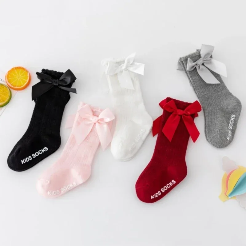 Spring Autumn Children Baby Girls Boys Big Bow Knee High Socks Princess Home Mid Calf Sock Kids Toddler Floor Non-slip Stockings