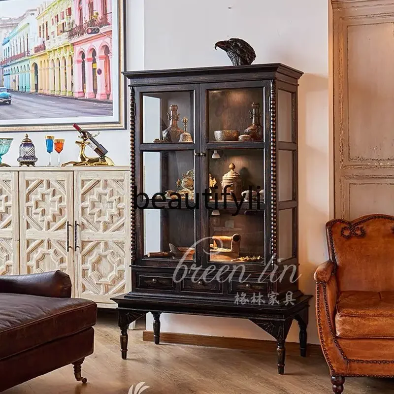 

French retro glass wine cabinet medieval decorative double door display cabinet/dining side cabinet45