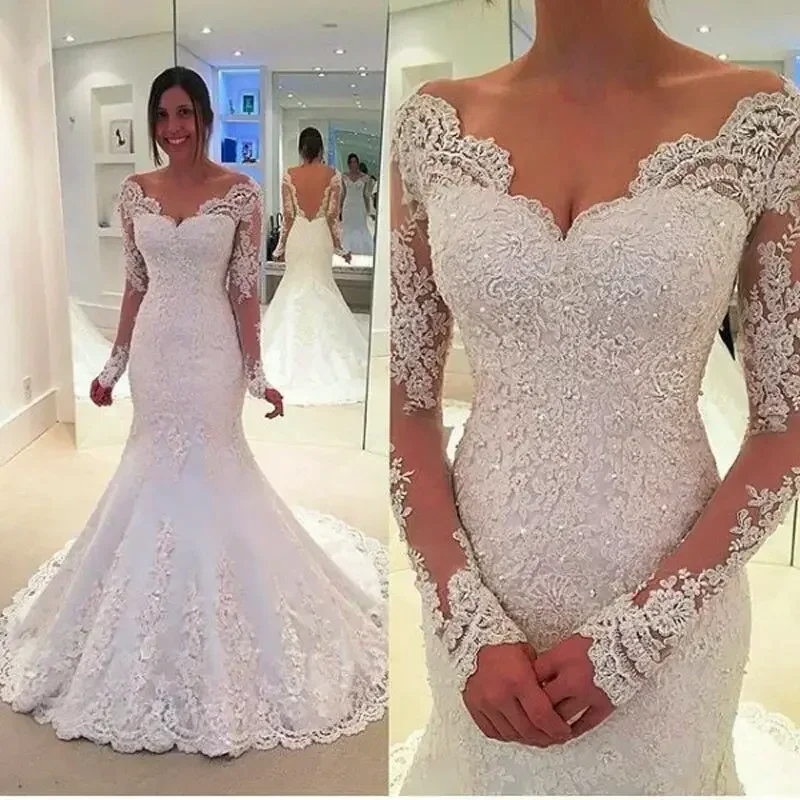 Maßgeschneiderte Langarm Brautkleider Robe De Mariage Applikationen Spitze Tüll V rückenfrei Vestido De Noiva Meerjungfrau Brautkleider