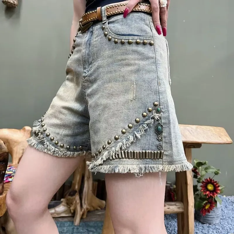 Rivetti Harajuku Moda Retro Pantaloncini di jeans Estate 2025 Nuovi pantaloncini da cowgirl in elegante fidanzato Bermuda Booty Shorts Donna Jorts