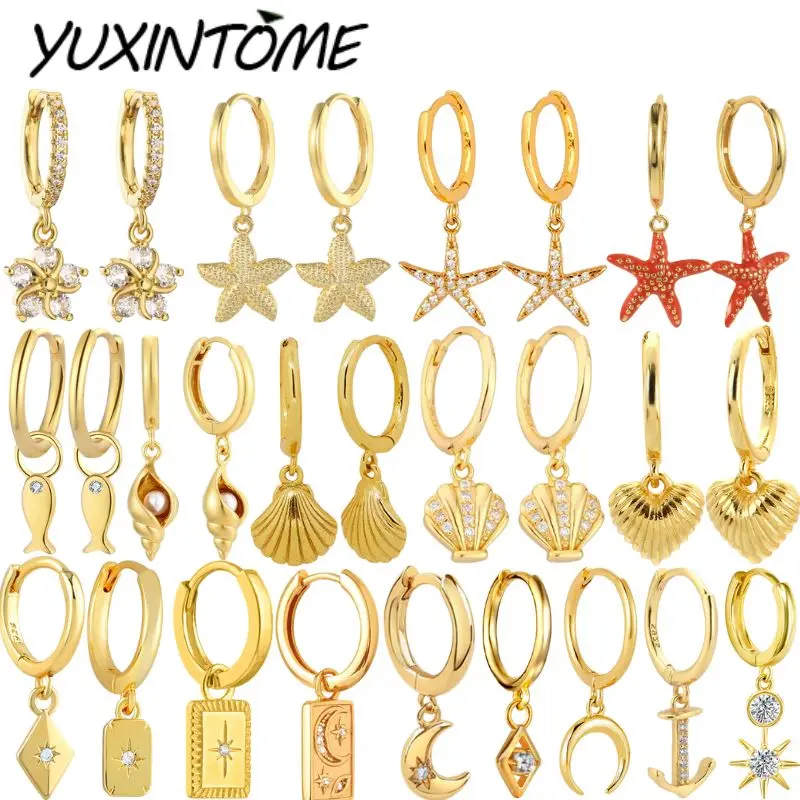 

Vintage gold earring 925 sterling Silver Ear Needle Shell/Conch/Starfish Pendant Hoop Earrings for women Fashion Wedding Jewelry