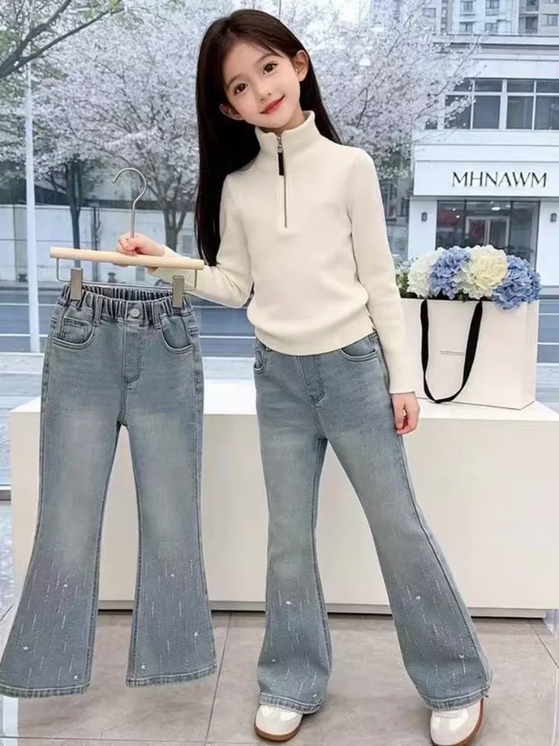 Teenage Girls Rhinestone Denim Jeans Spring Autumn 2026 New Style Children's Korean Version Slim Micro Flared Pants
