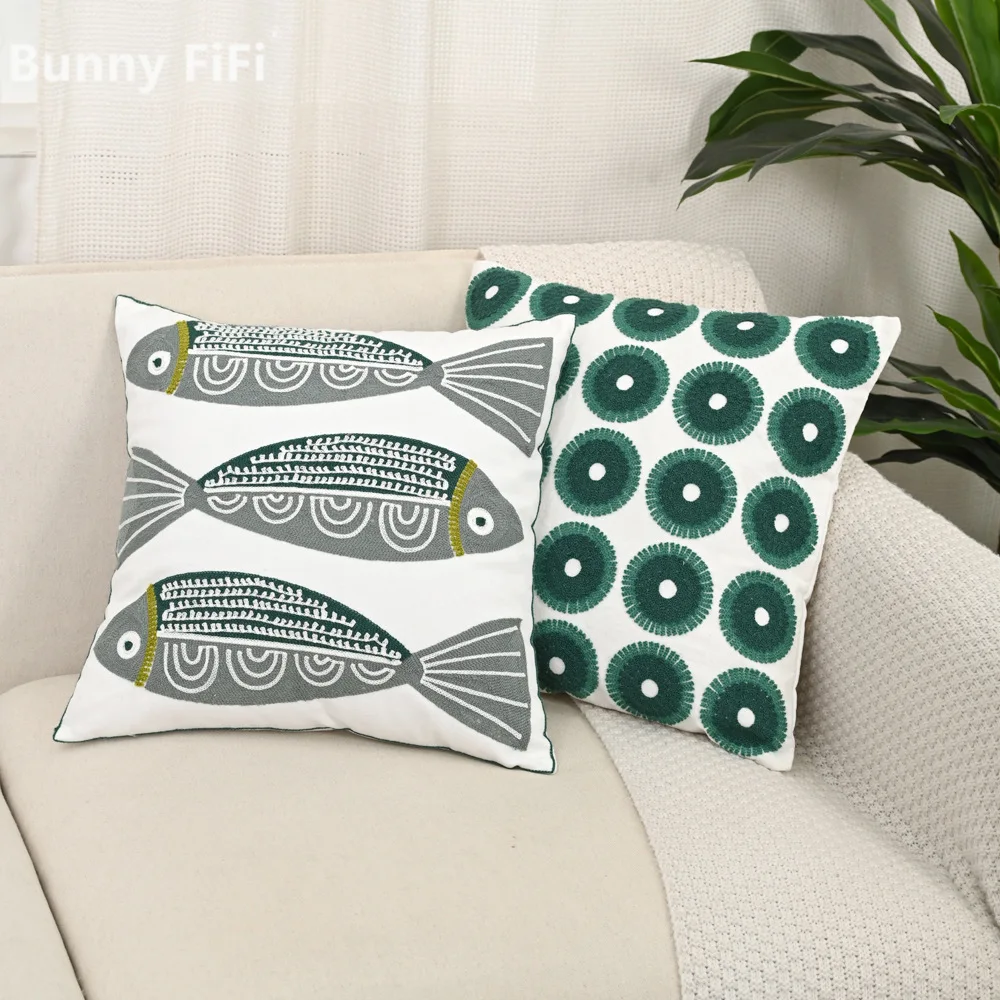 Three Blue Fishes Patterned Cushion Covers Embroidered Decorative Throw Pillow Covers For Sofa Bedroom Living Room Home Decor