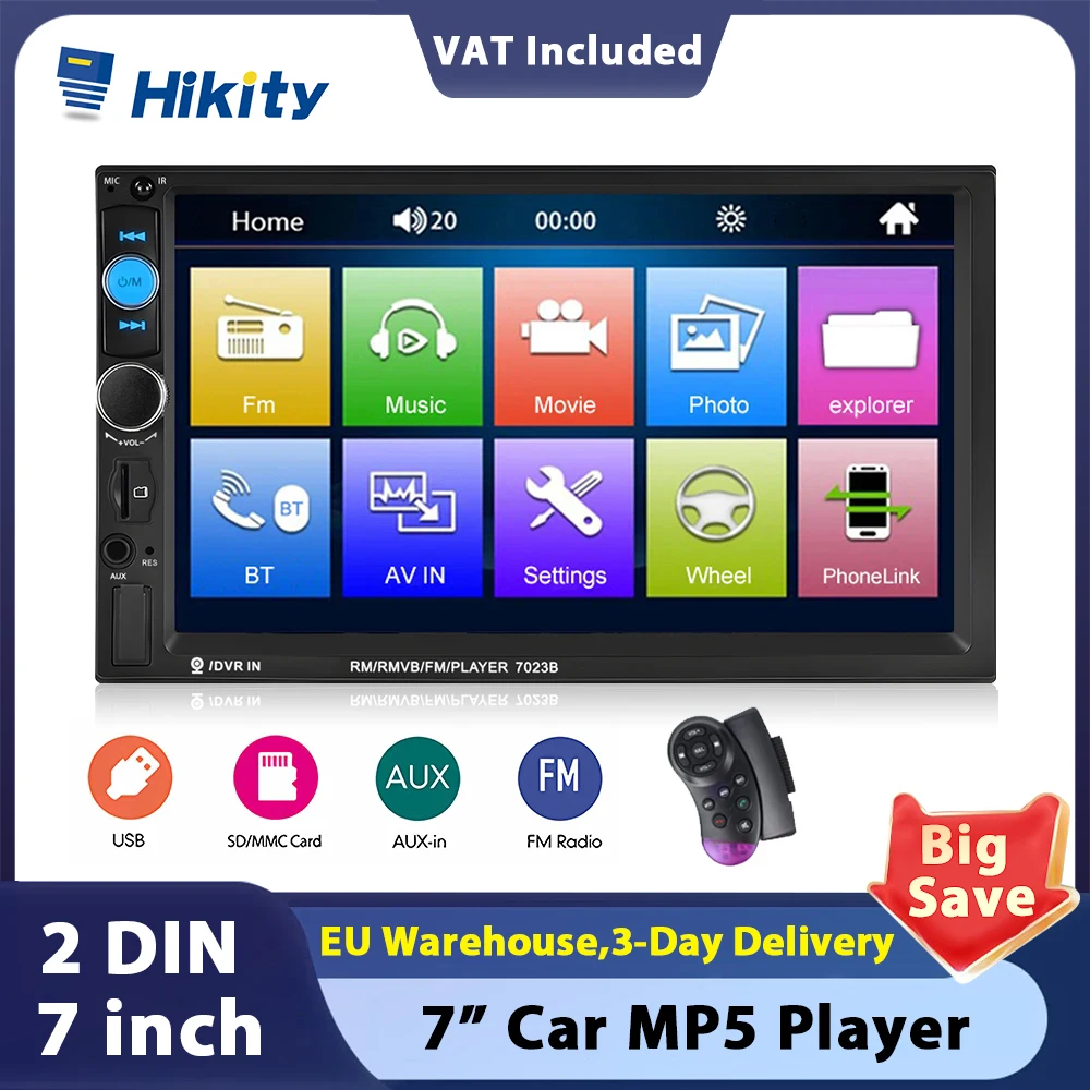 Hikity Universal 2 Din Car MP5 Player Radio 7" Touch Screen Autoradio Multimedia  Bluetooth USB TF Car Stereo Digital Display