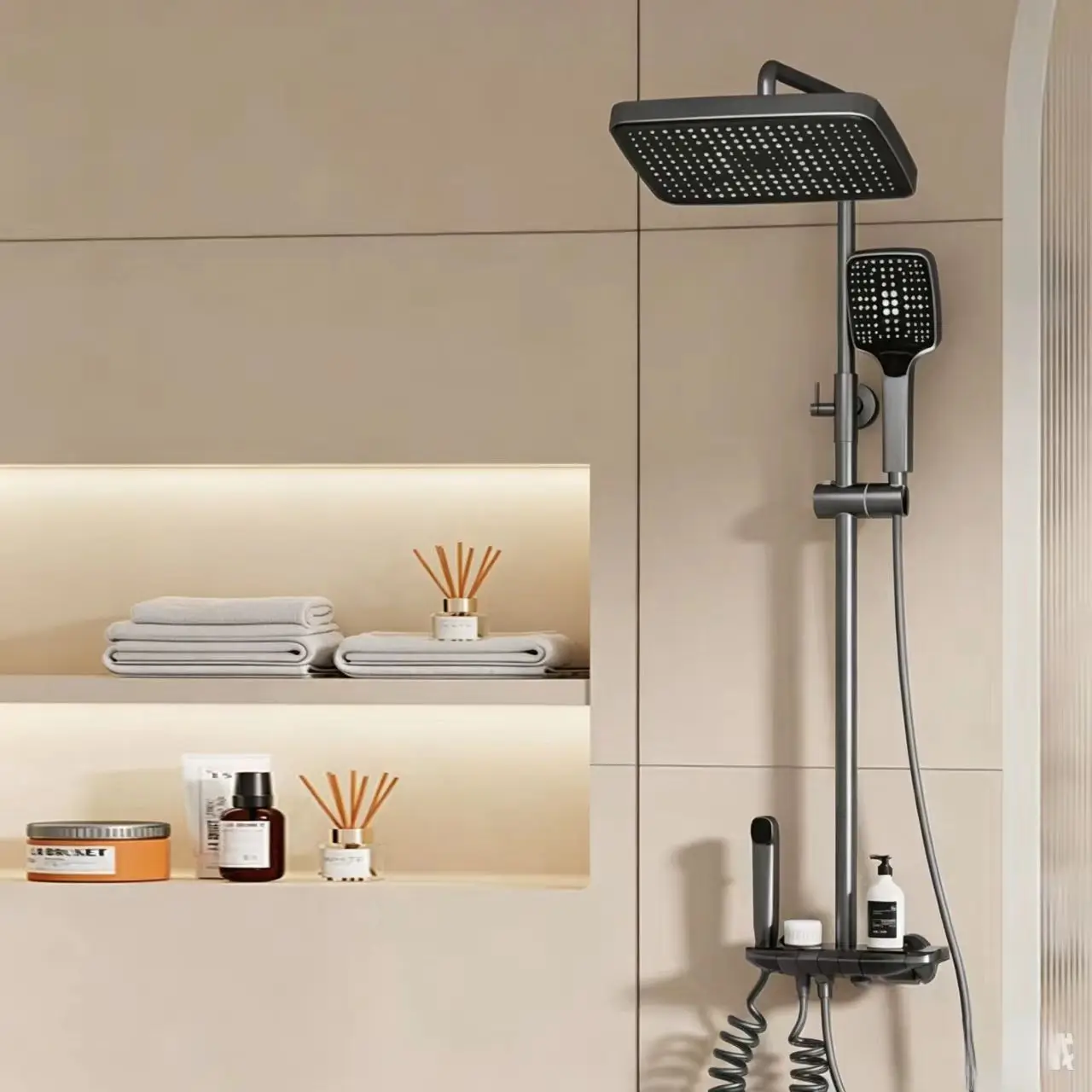 Gunmetal Gray Piano-key Constant Temperature Shower Set, Household Bathroom Booster All-copper Shower Head Sprayer
