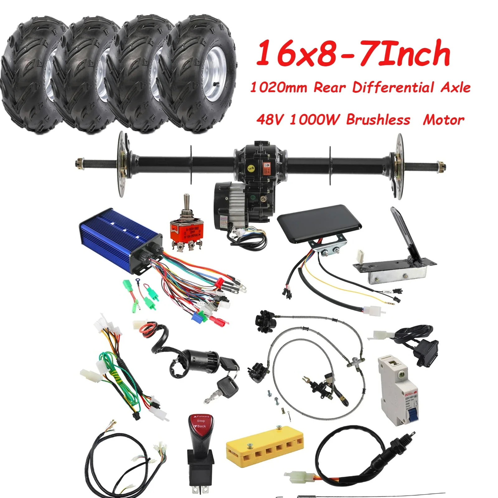 1020mm Rear Differential Axle Tie Rod Kit +48V 1000W Brushless Motor Kit +4pcs16x8-7 Tire Rim 4 Bolt  for ATV Quad Coolster