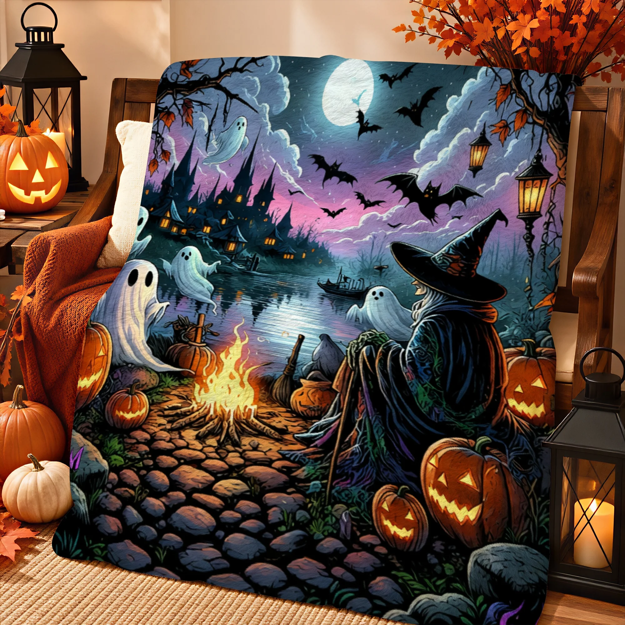 1pc 2D Printed Witch Campfire Ghosts Pumpkins Bats Moon Haunted Castle Halloween Night Scene Throw Blanket, Soft Warm for Sofa B