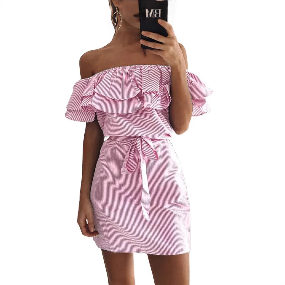 Women Dresses 2026 summer lotus leaf sleeve striped off-the-shoulder mini dresses with belt women's clothing vestidoes