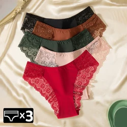 WarmSteps 3Pcs/Set Women's Lace Panties Briefs Solid Ice Silk Lingerie Female Underpanties Underwear for Woman Low Rise Briefs