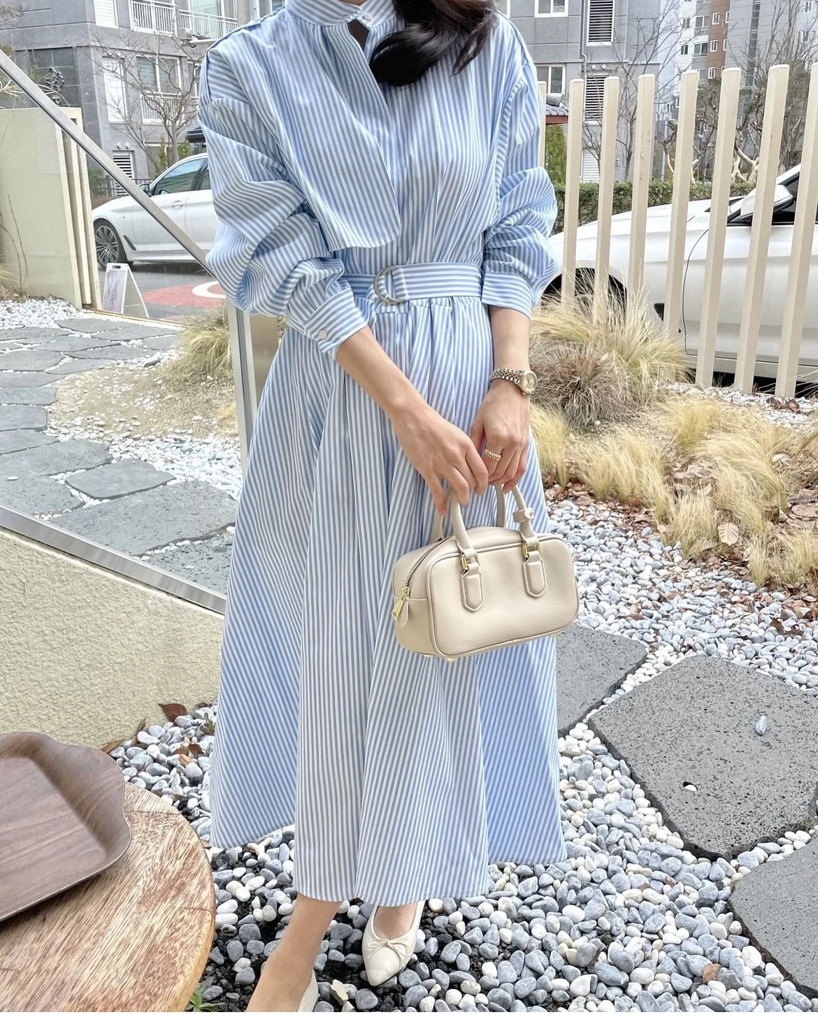 Korean New Spring Summer Women Long Striped Shirt Dress With Belt Three Quarter Stand COllar Slim A Line Office Casual Dresses