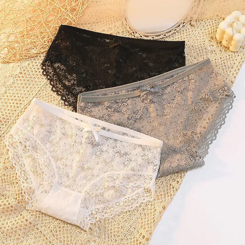 

Summer Lace Underwear Women Briefs See Through Low Hollow Out Pure mid-waist Lace Women Underwear
