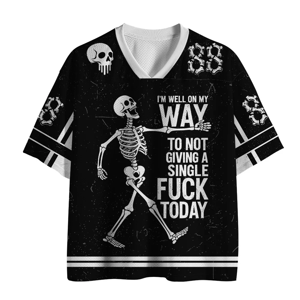 Vintage Walking Skeleton Graphic Mesh Football Jersey, V Neck Short Sleeve Punk Streetwear Top, Dark Humor Slogan Casual Outfit