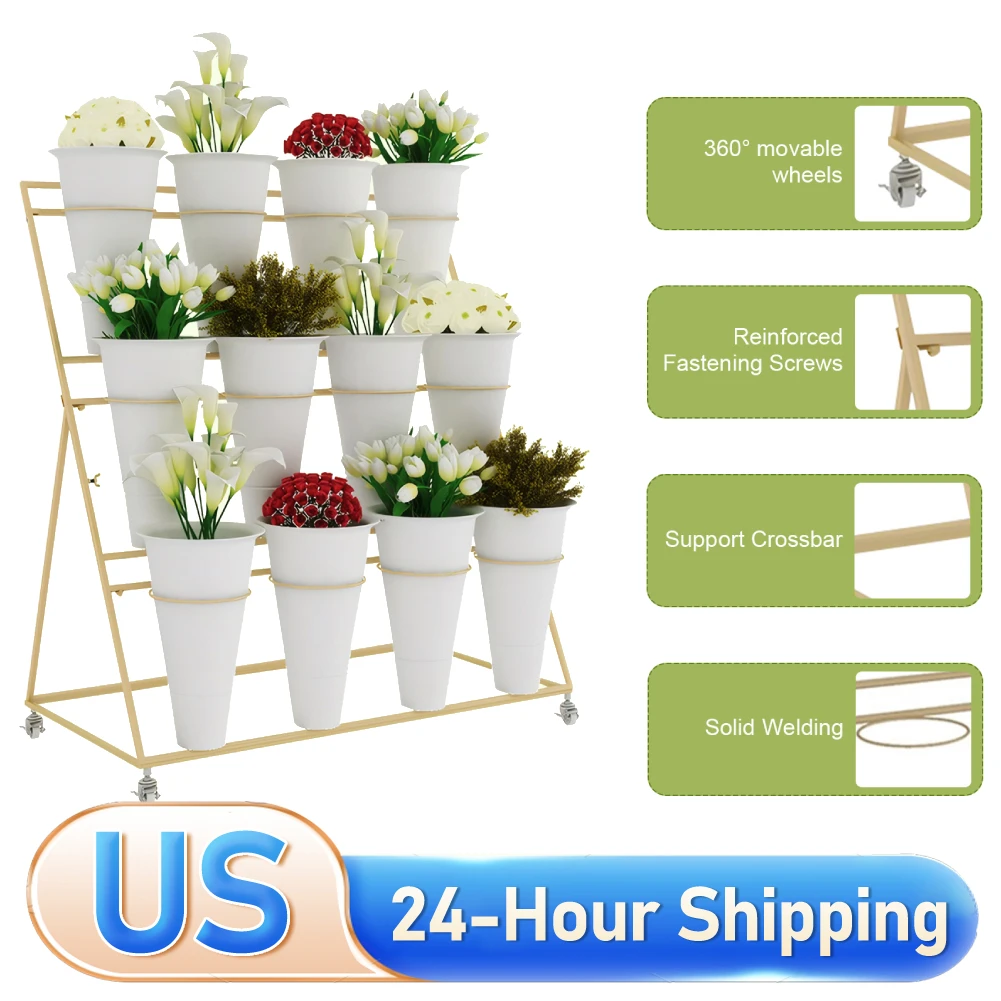 

Flower Display Stand 3 Layers Metal Golden Frame Metal Shelf 12 Barrel Capacity with Wheels and Foot Brake for Fresh Flower Shop