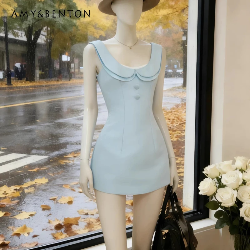 

Original Design Blue Doll Collar Women's Dress 2026 Spring Summer New Sweet Temperament Slim Age-reducing Short Dresses Ladies