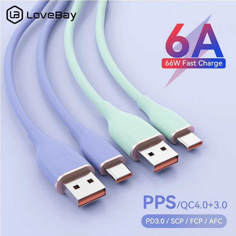 Lovebay 6A 66W Fast Charging USB C Cable Data USB Cable Liquid Silicone Type C Cable For Huawei P50 40 Samsung S21 S20 Xiaomi