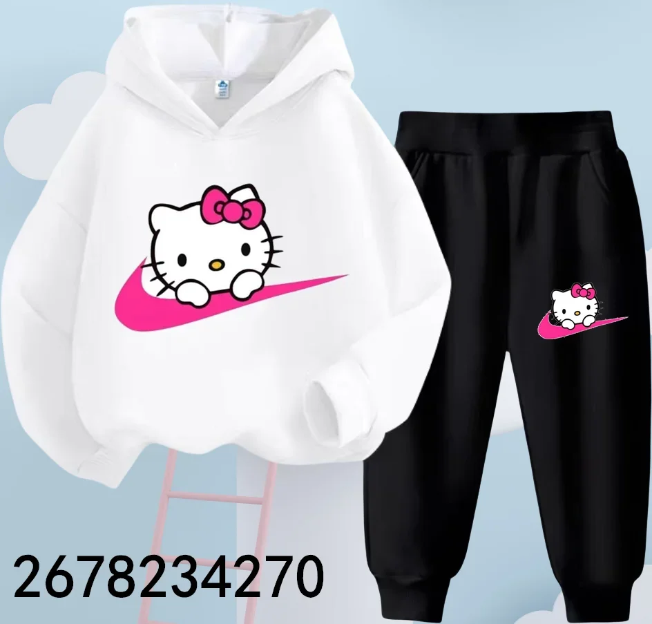 2024 New Hello Kitty Hoodie Set Kids Sweatshirts+long Trousers Clothes Outfits 4-14 Year Children\'s Cartoon Casual Spring Autumn