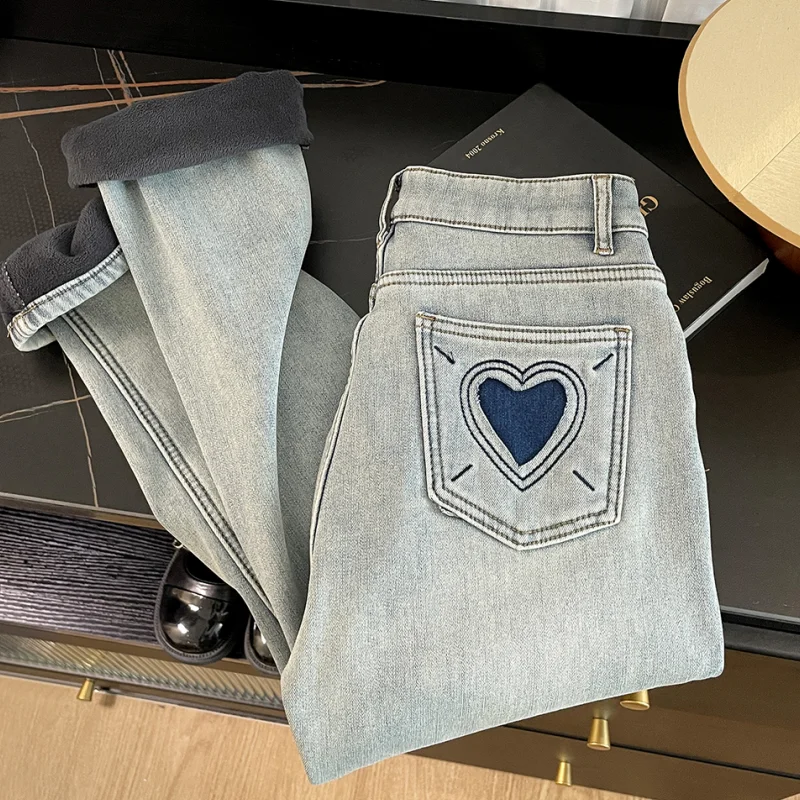 Y2K Blue Women Jeans Heart-shaped High Waist American Wide Leg Pants Fashion Streetwear 2024 Vintage Straight Winter Trouser