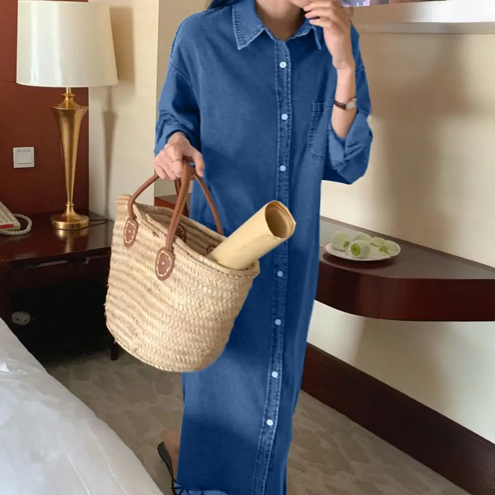Vestido lisonjeiro de tamanho grande feminino, camisa jeans, manga comprida, botão, maxi vestido com bolso, casual para o verão para mulheres