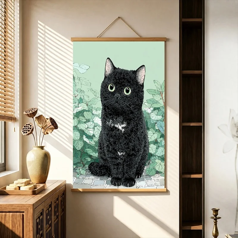 Kawaii Room Decor Black Cats in a Secret Garden, Whimsical Botanical Pearlescent Canvas Hanging Scroll for Aesthetic Bedroom