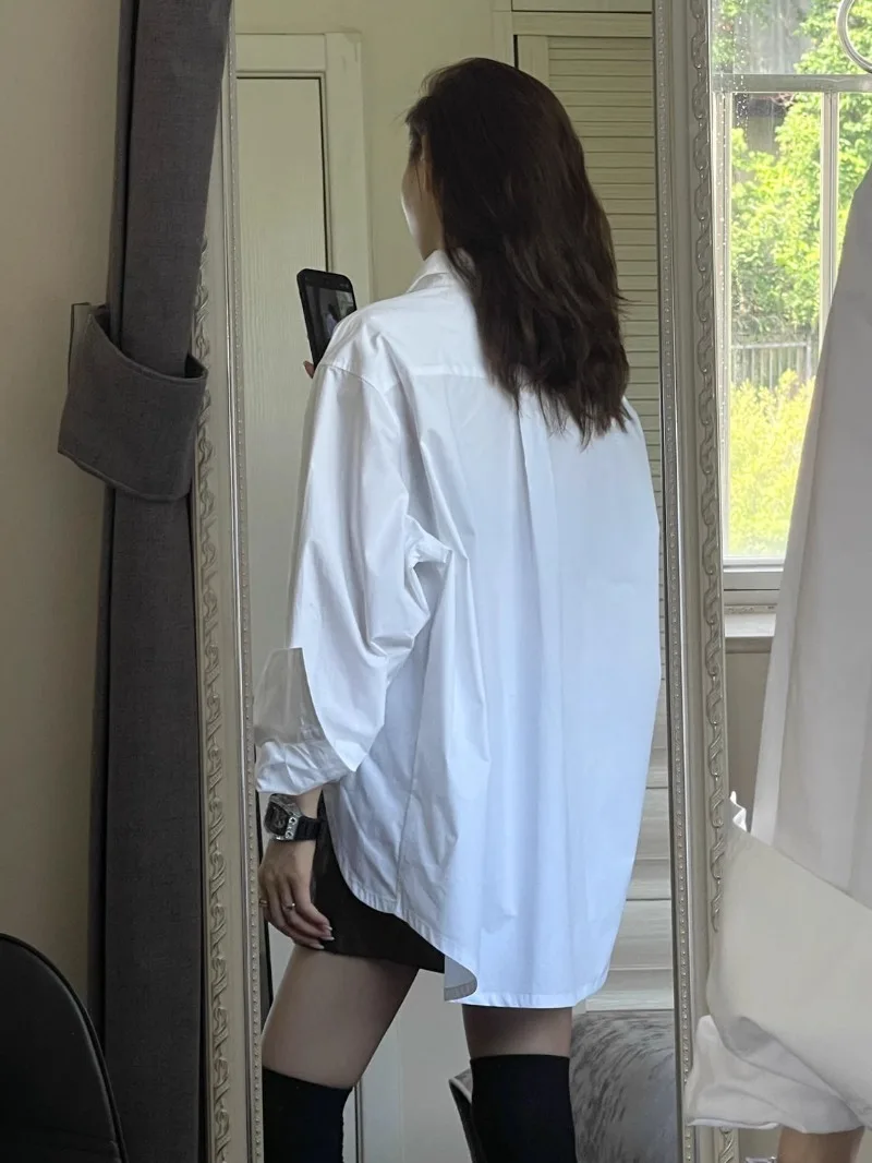 QWEEK Korean Style Office White Shirt Oversized Elegant and Youthful Streetwear Solid Colour Blouses Stylish Long Sleeve Clothes