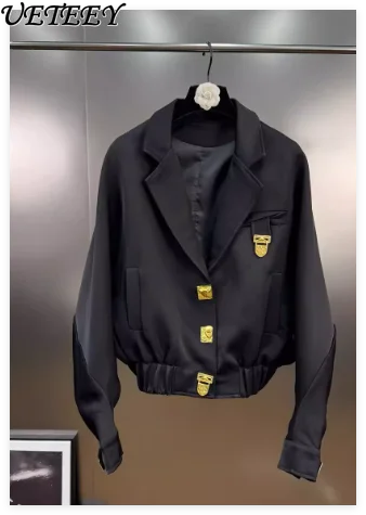 

2025 Autumn Winter New Lapel Long Sleeve Metal Buckle Suit Jacket Niche Single Breasted Casual Short Black Blazer Jacket Coat