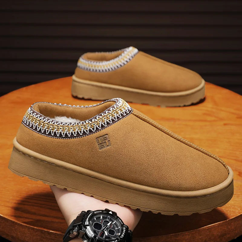 2024 Men\'s Fleece-fur Warm Thick Sole Slippers Sponge Sole Cotton Shoes Winter Without Heel Men\'s Leisure Cotton Shoes