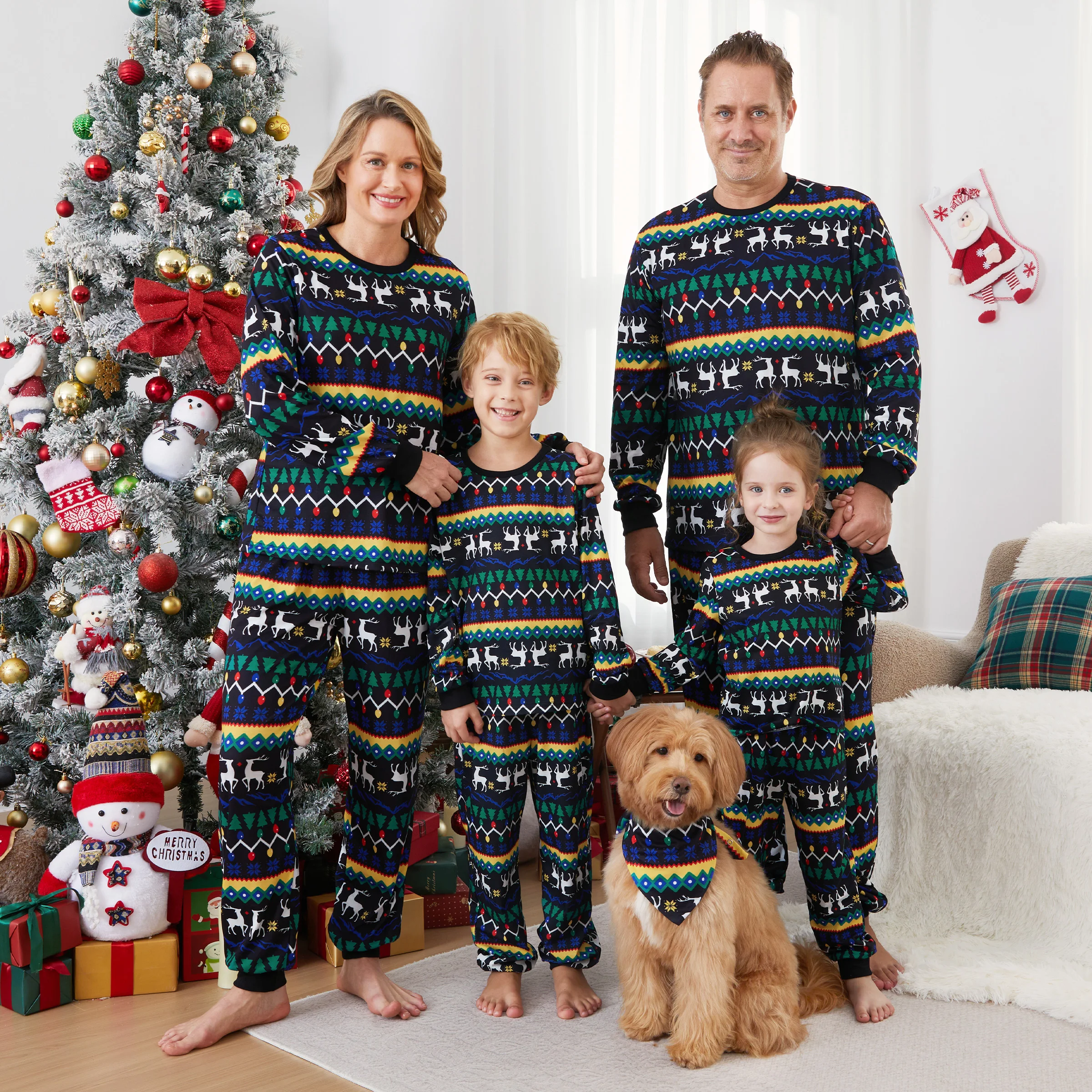 PatPat Christmas Pajamas Family Matching Xmas Light & Reindeer Pattern Pajamas Sets