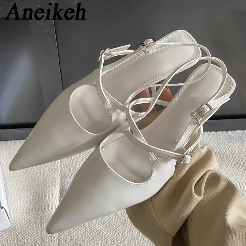 Aneikeh ฤดูร้อนใหม่แฟชั่น Pointed Toe เซ็กซี่เงิน Slingback ผู้หญิง Luxury Med Heel รองเท้าแตะปั๊มงานแต่งงาน Zapatos Mujer