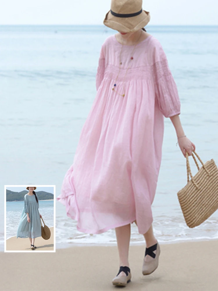 Summer New Sle Pure Color Long Dr with Accordion Pleat Design And Seven Sve Length round Ne Beachy Feel Loose Waist