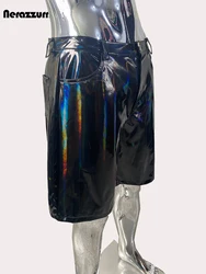 Nerazzurri Summer Thin Soft Stretchy Shiny Reflective Holographic Black Patent Faux Leather Shorts for Men Y2K Clothing 2024