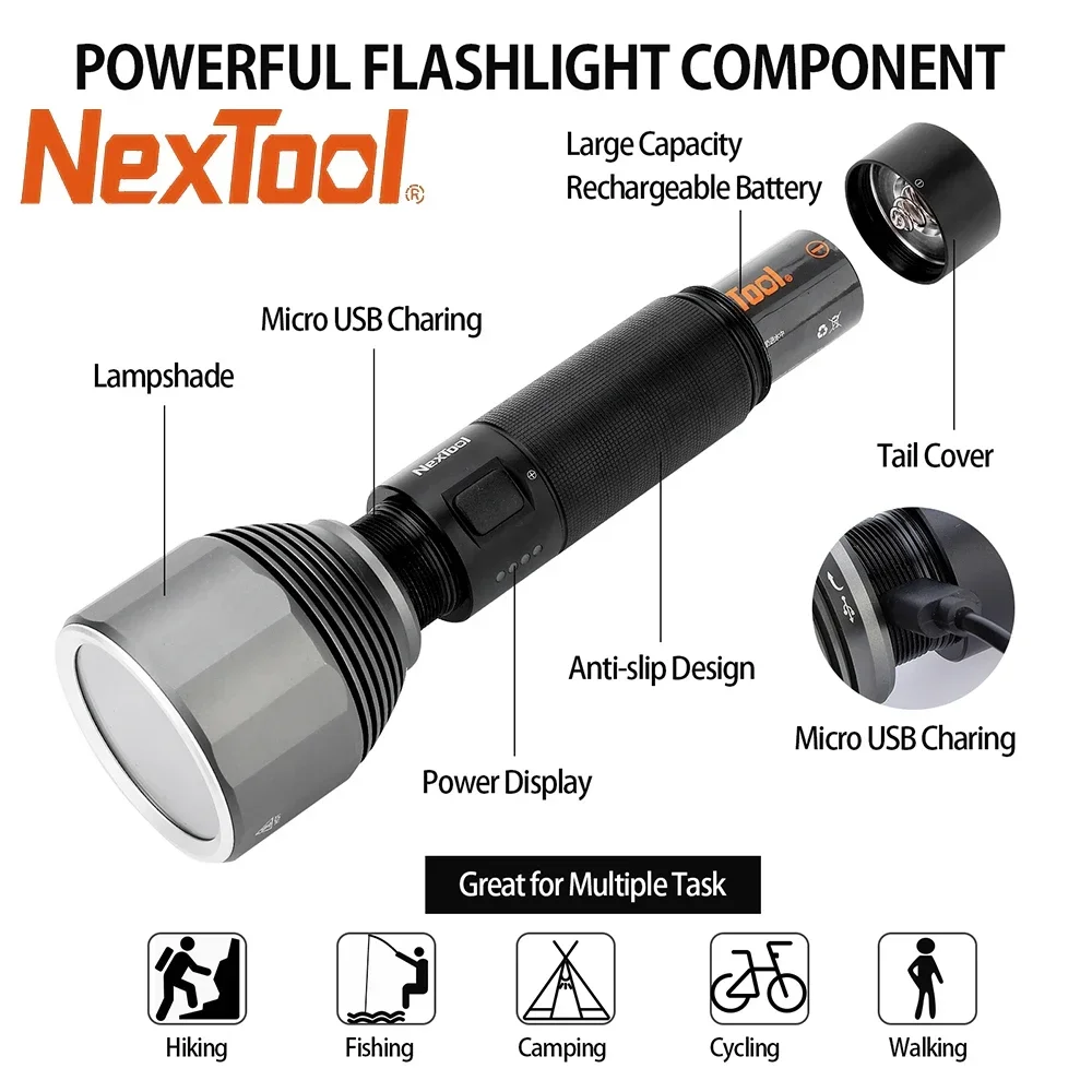 Nextool-充電式LED懐中電灯,5000mah,2000lm, 380m, 5モード,ipx7,防水,type-c,キャンプ,屋外検索トーチ