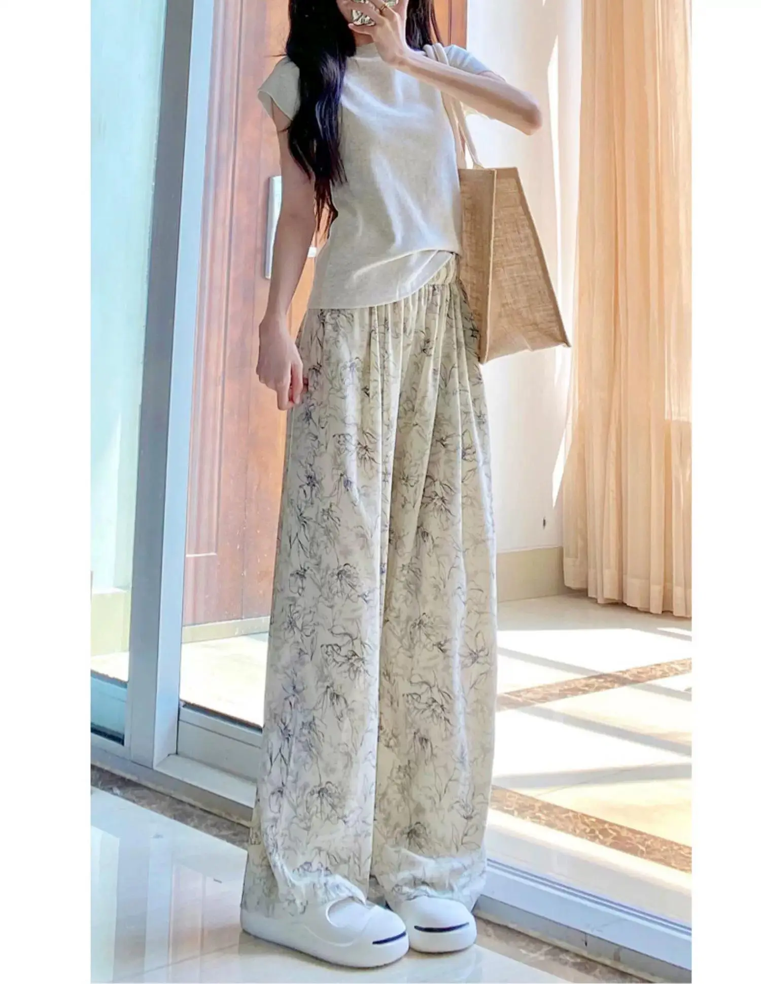 Ice Silk Chinese Style Shui Ink Printed Retro Wide Leg Pants For Women\'s Summer New Loose High Waist Draping Straight Tube Cool