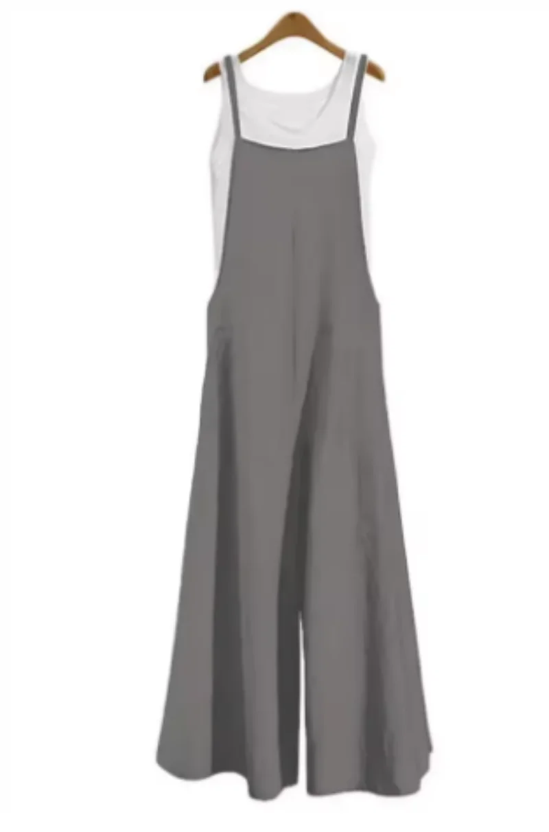 Women's Summer Sleeveless Jumpsuit Solid Color Wide Leg Bib Overalls Casual Loose Cotton Linen Straps Dungaree SIZE L-5XL image 3