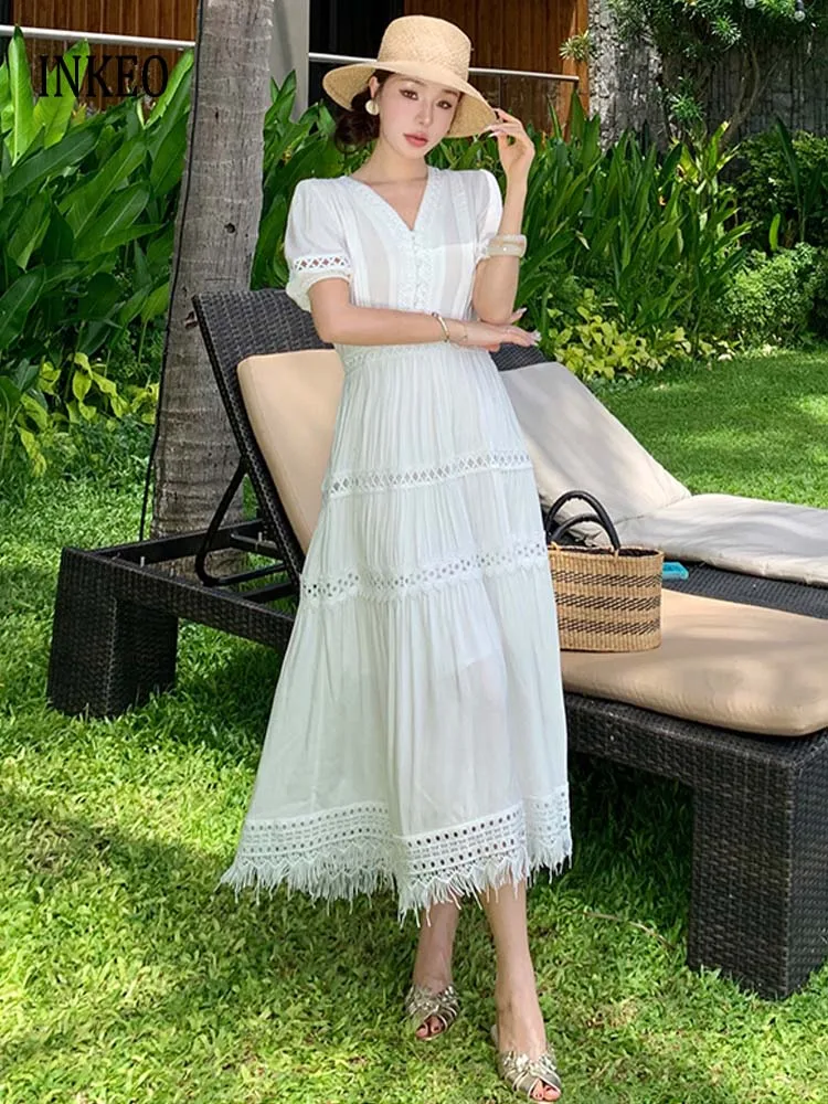 

Beach Women V-neck Lace patchwork dress Summer 2025 White Puff sleeve tassel Midi dresses France style Vestidos INKEO 5D004