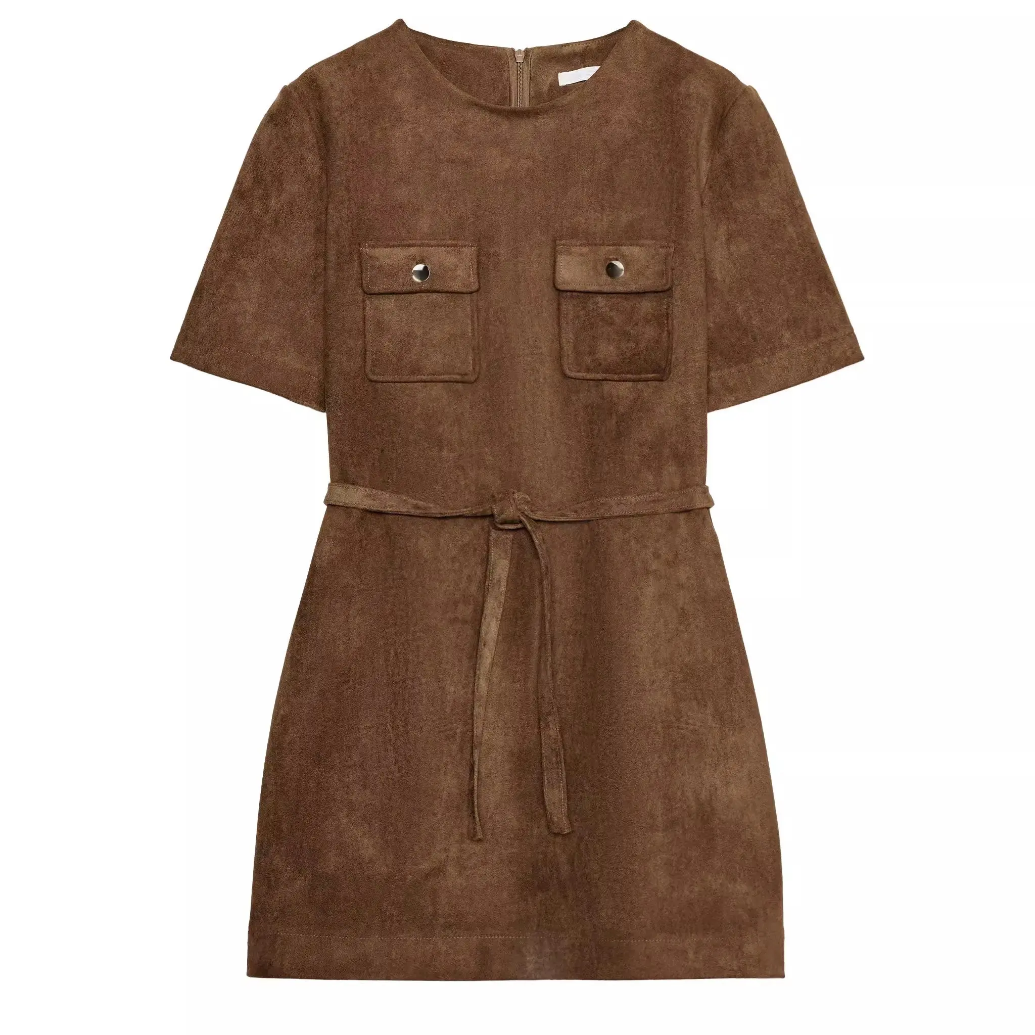 Frühling 2025, neuer Damen-Rock aus Wildlederimitat mit Gürtel, hoher Taille, A-Linien-Rock, Sve, rund, Ne-Farbe, Pendler-Sle