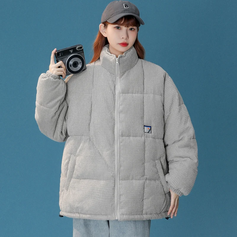 2022 winter new corduroy parka women's Korean style loose cotton coat women's plus size elegant stand collar Harajuku jacketcoat