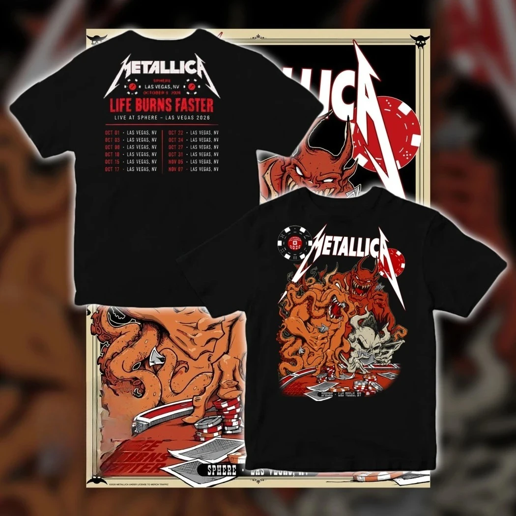 Metallica 2026 Las Vegas Sphere Tour Tshirt Life Burns Faster Octopus Devil Poker Casino Double Sided Print Unisex Rock Heavy