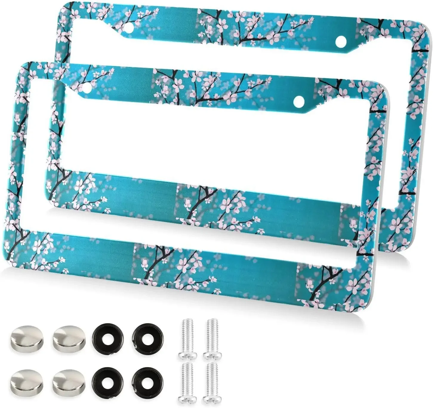 

Plum Cherry Blossom Pattern License Plate Frame 2 Pack License Plate Holder with 2 Holes Car Tag Frame for Women Men US Vehicles