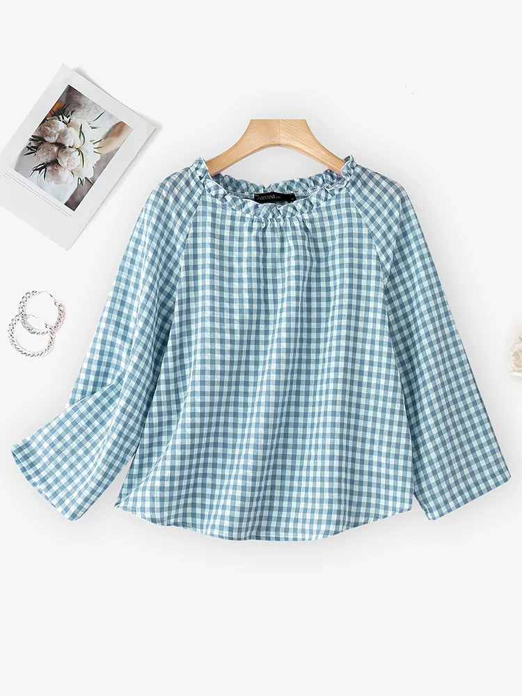 ZANZEA Vintage Women's Fashion Blouse Plaid Shirts Round Neck 3/4 Sleeve Casual Tops Autumn Print Famale Clothing Korean Blusas